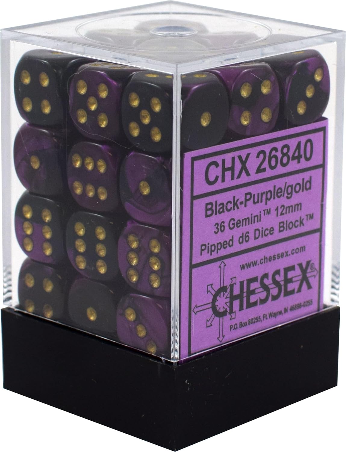 Chessex: Gemini 36D6 Black- Purple and Gold