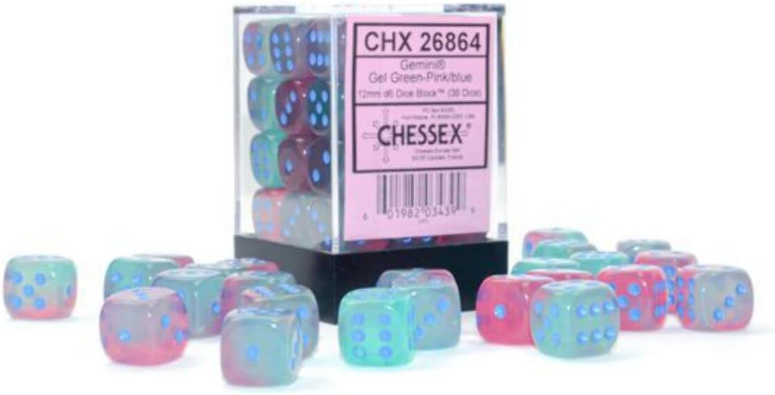 Chessex: Gemini 36D6 Gel Green- Pink/Blue
