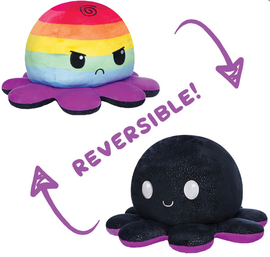 BIG Reversible Octopus Plushie: Happy Black Sparkle and Angry Rainbow Stripes