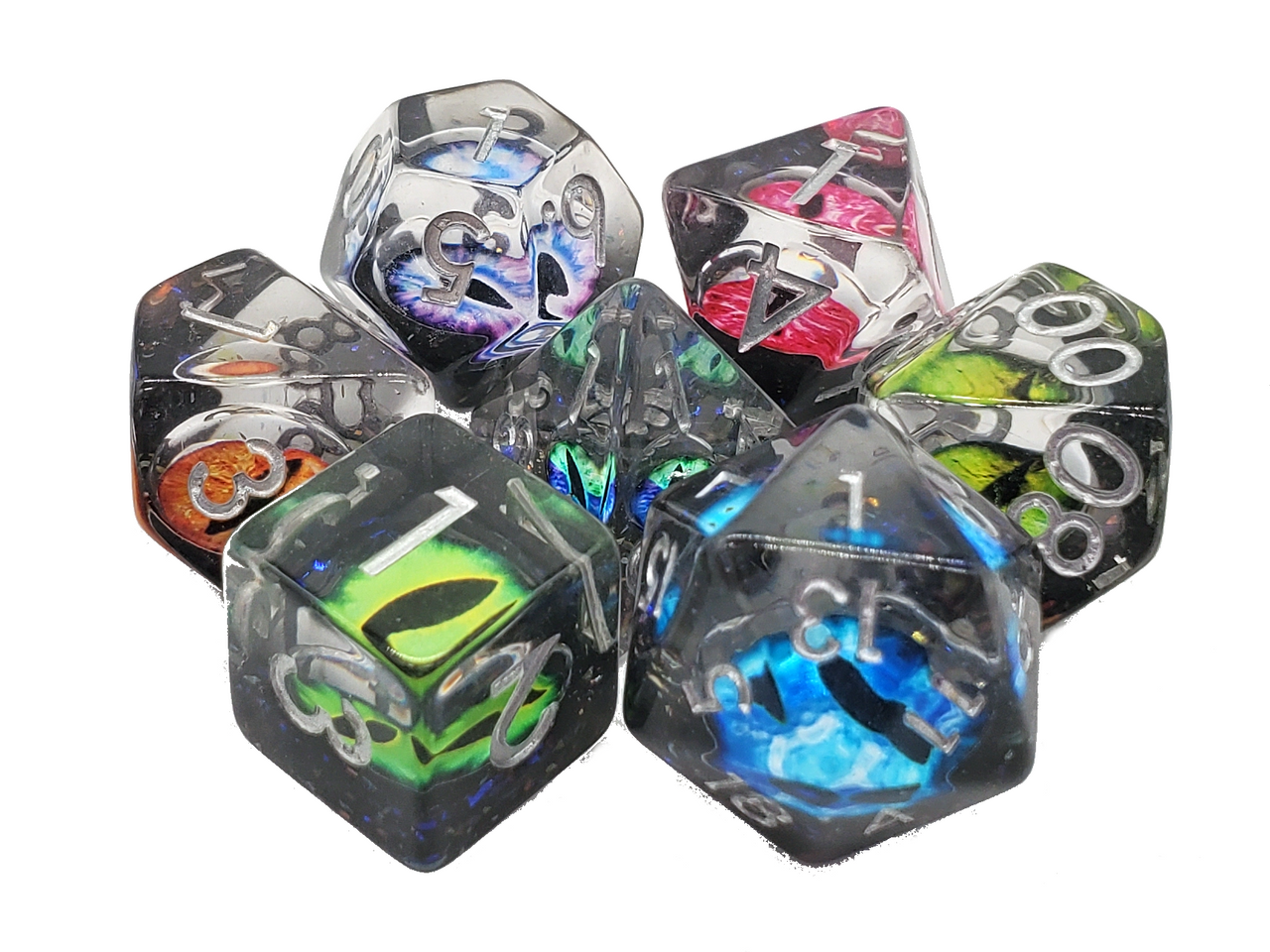 Old School 7 Piece DnD RPG Dice Set: Infused - Dragon Eye - Spectral