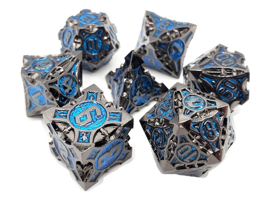 Old School 7 Piece DnD RPG Metal Dice Set: Gnome Forged - Black Nickel w/ Blue