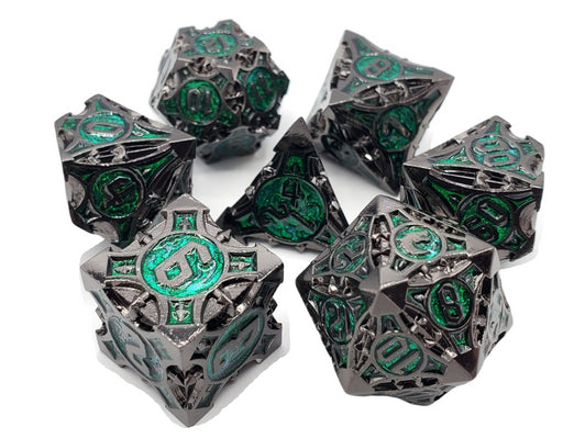 Old School 7 Piece DnD RPG Metal Dice Set: Gnome Forged - Black Nickel w/ Green