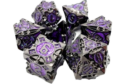 Old School 7 Piece DnD RPG Metal Dice Set: Gnome Forged - Black Nickel w/ Purple