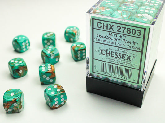 Chessex: Marble - 12mm D6 - Oxi-Copper/White Dice Block (36 Dice)