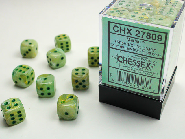 Chessex: Marble - 12mm D6 - Green/Dark Green Dice Block (36 Dice)