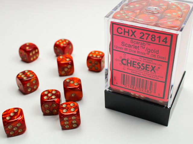 Chessex: Scarab - 12mm D6 - Scarlet/Gold Dice Block (36 Dice)