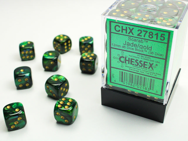 Chessex: Scarab - 12mm D6 - Jade/Gold Dice Block (36 Dice)
