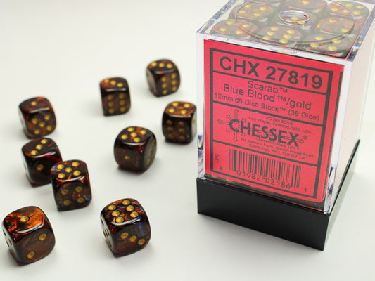 Chessex: Scarab - 12mm D6 - Blue Blood/Gold Dice Block (36 Dice)