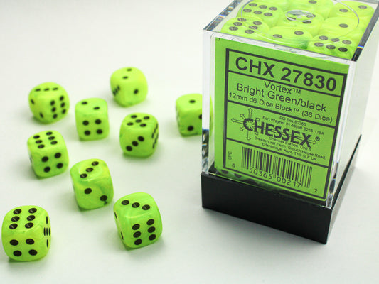 Chessex: Vortex - 12mm D6 - Bright Green/Black Dice Block (36 Dice)