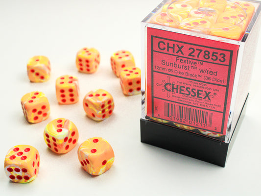 Chessex: Festive- 12mm D6 - Sunburst/Red Dice Block (36 Dice)