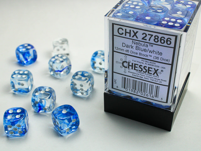 Chessex: Nebula- 12mm D6 - Dark Blue/White Dice Block (36 Dice)