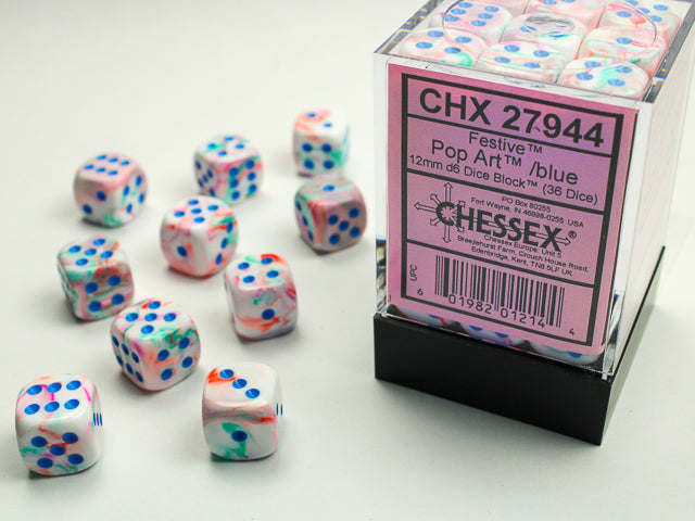 Chessex: Festive- 12mm D6 - Pop Art/Blue Dice Block (36 Dice)