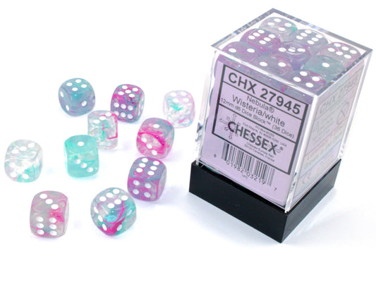 Chessex: Nebula- 12mm D6 - Wisteria/White Dice Block (36 Dice)