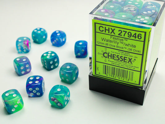 Chessex: Festive- 12mm D6 - Waterlily/White Dice Block (36 Dice)