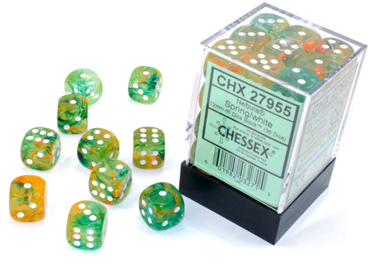 Chessex: Nebula- 12mm D6 - Spring/White Dice Block (36 Dice)