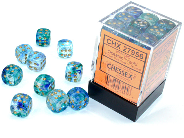 Chessex: Nebula- 12mm D6 - Oceanic/Gold Dice Block (36 Dice)