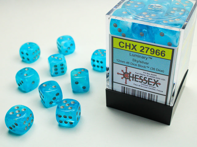 Chessex: Luminary - 12mm D6 - Sky/Silver Dice Block (36 Dice)