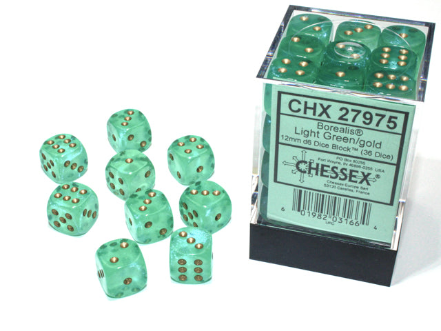Chessex: Borealis - 12mm D6 - Light Green/Gold Dice Block (36 Dice)