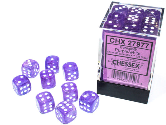 Chessex: Borealis - 12mm D6 - Purple/White Dice Block (36 Dice)