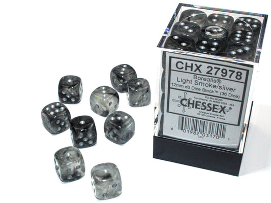 Chessex: Borealis - 12mm D6 - Light Smoke/Silver Dice Block (36 Dice)