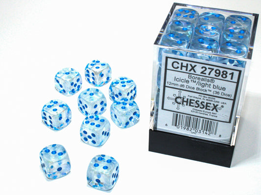 Chessex: Borealis - 12mm D6 - Icicle/Light Blue Luminary Dice Block (36 dice)