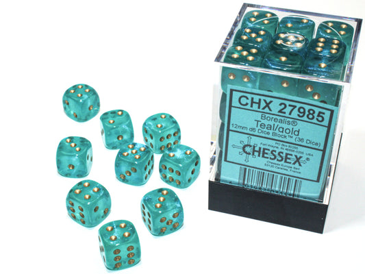 Chessex: Borealis - 12mm D6 - Teal/Gold Dice Block (36 Dice)