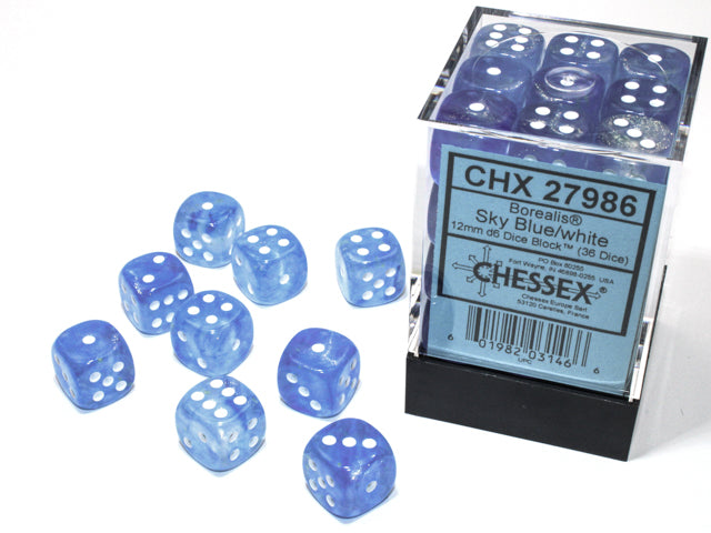 Chessex: Borealis - 12mm D6 - Sky Blue/White Dice Block (36 Dice)