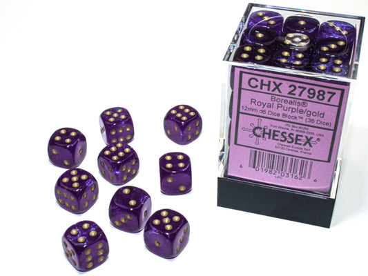 Chessex: Borealis - 12mm D6 - Royal Purple/Gold Dice Block (36 Dice)