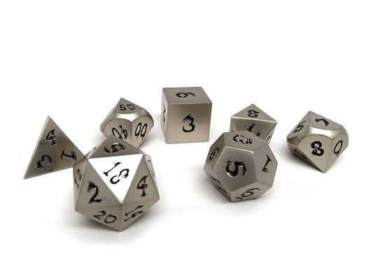 Metal Dice of Ancient Dragons - Ancient Silver with Black Dragon Font